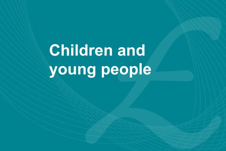 A blue background with an image of a british pound sign and the text children and young people