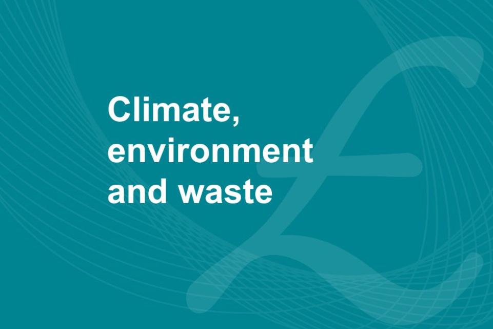 A blue background with a background image of a british pound sign and the text 'Climate, environment and waste'