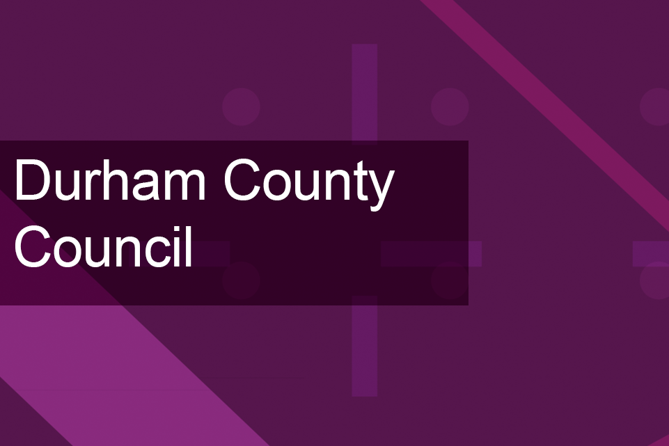 Dark purple background with lighter purple lines going diagonal across the background. Text on the image reads Durham County Council