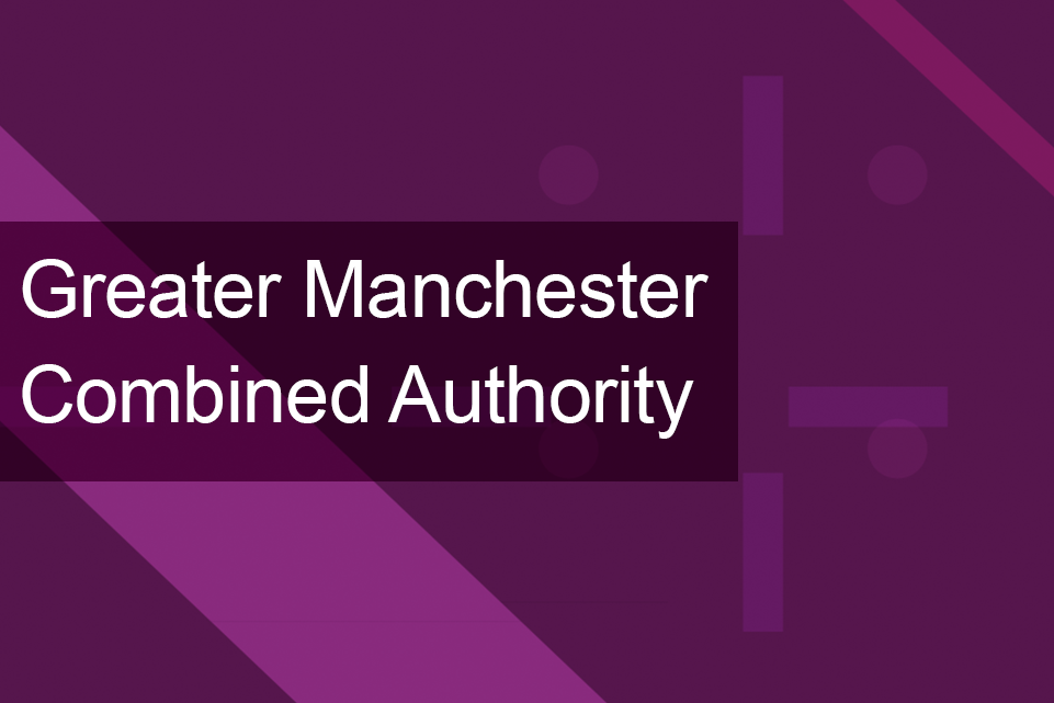 Purple background with a lighter purple pattern of diagonal lines and small circles. Text written across reads, Greater Manchester Combined Authority.