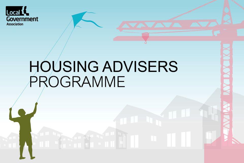 Housing advisers programme in bold text in front of a drawing of a crane and houses in the background