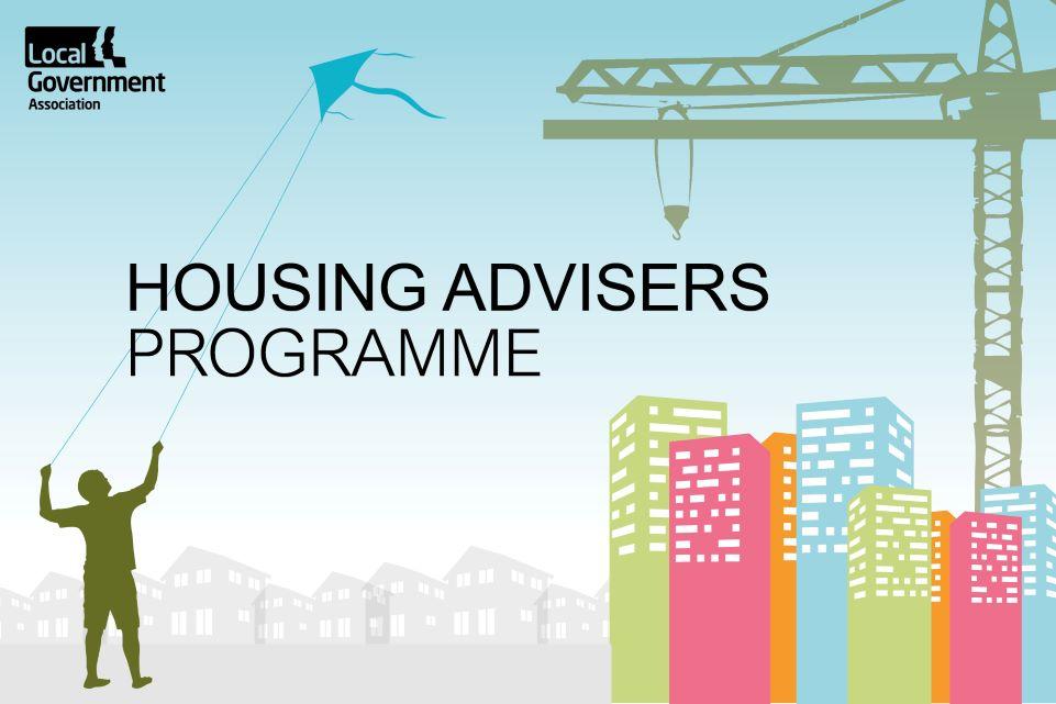 housing advisers programme in bold text behind a block drawing of some colourful high rise buildings and a crane