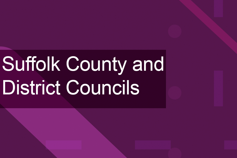 A dark purple background with lighter purple diagonal lines and small circles with the text Suffolk County and District Councils