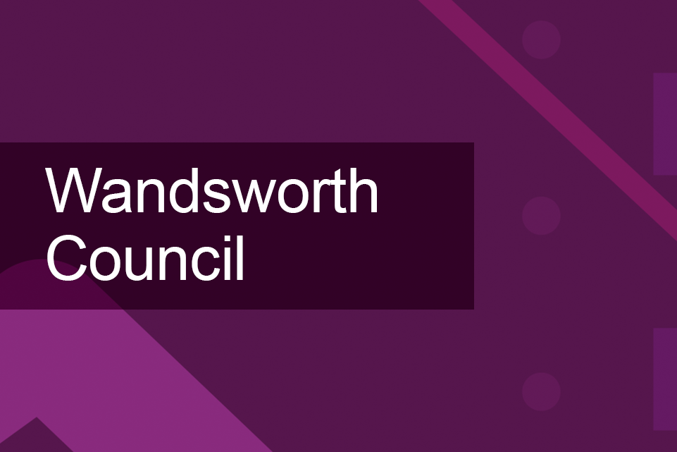 Dark purple background with lighter purple diagonal lines and the text Wandsworth Council 